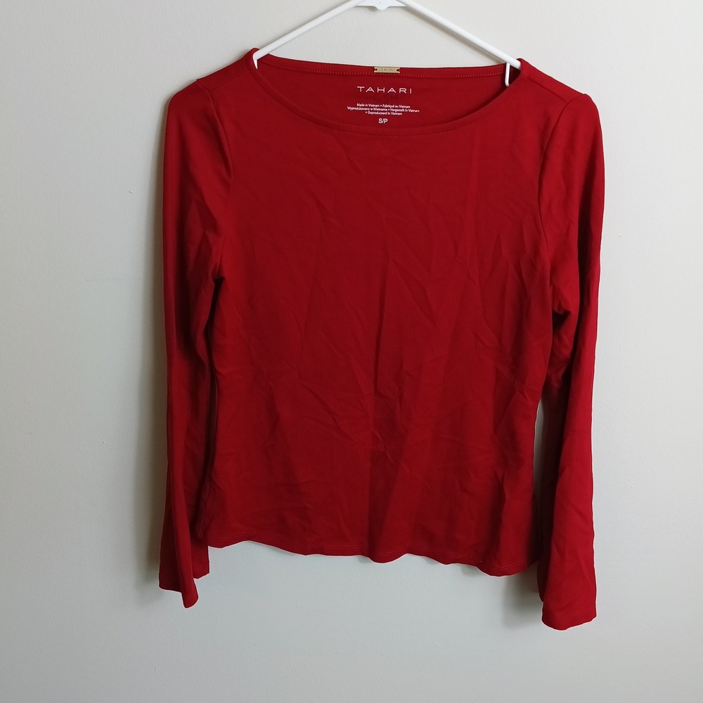 Tahari Long Sleeve Top Womens Small Red Good Boat Neck Stretch Rayon Blend
